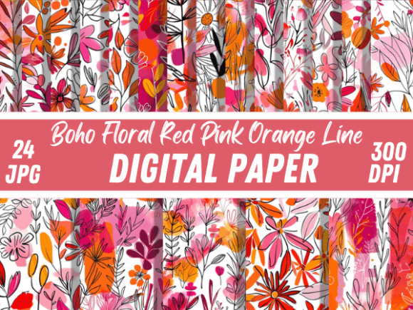 Download Boho Floral Red Pink Orange Line Pattern - Pattern Collection